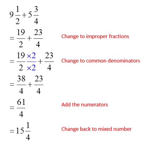 To add mixed numbers, add the whole numbers together and the fraction parts of the mixed numbers together and then recombine to express the value as a mixed number. The steps for adding two mixed numbers are shown in the examples below. You can keep the whole numbers and the fractions together using a vertical method for adding mixed numbers as ... 
